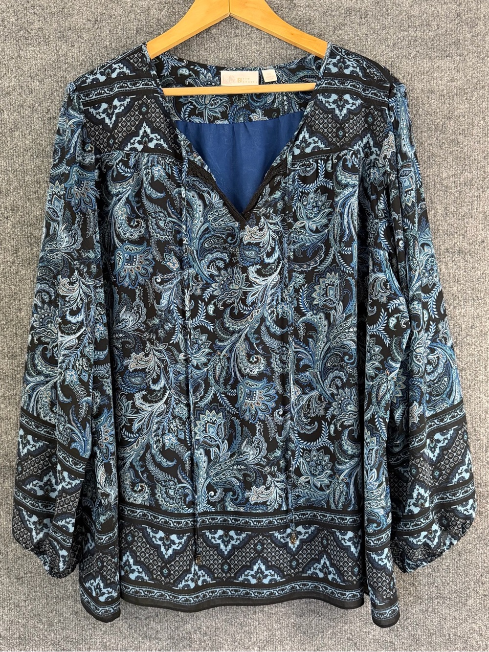 Belle Kim Gravel Womens 2X Paisley Boho Top Blue Long Sleeve Office Casual Flowy